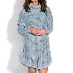 FIMFI Slouchy Sweater Dress Tunic Cowl Neck Knit Blue